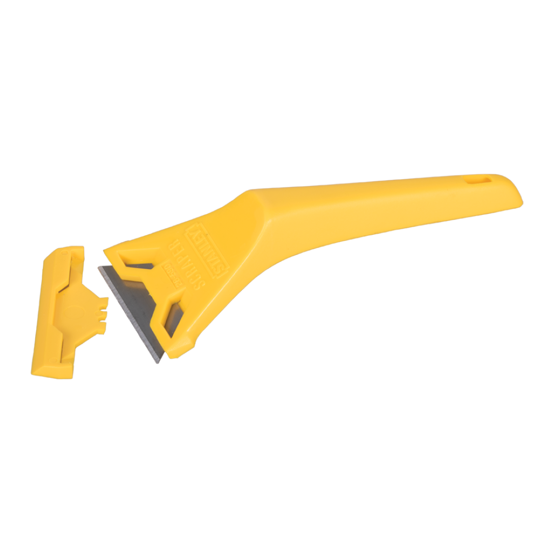 STANLEY Window Scraper with a durable handle, replaceable blades, perfect for removing dirt and ice from glass surfaces.