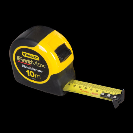 STANLEY 10m FatMax Tape Measure with Blade Armor coating for durability, precision markings, ergonomic grip, and belt clip.
