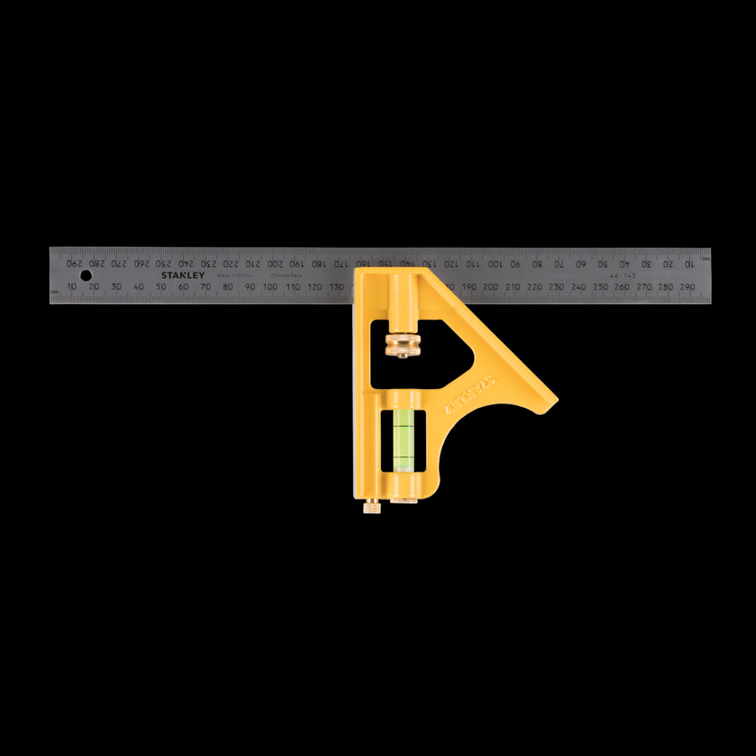 STANLEY 300mm Combination Square with stainless steel ruler, easy-to-read scales, spirit level, and ergonomic design for precision measuring.
