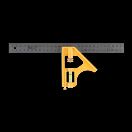 STANLEY 300mm Combination Square with stainless steel ruler, easy-to-read scales, spirit level, and ergonomic design for precision measuring.