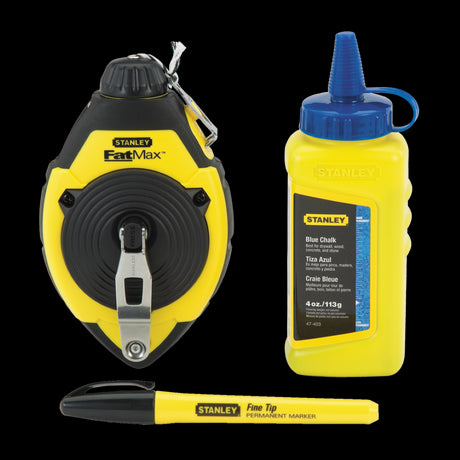 STANLEY Chalk Line Marker Set with 30m reel, chalk refill, and line level for precise layout in construction and carpentry.