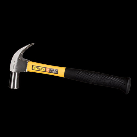 STANLEY 20oz Fibreglass Claw Hammer with a vibration-minimizing handle, perfect for nail pulling and DIY projects.