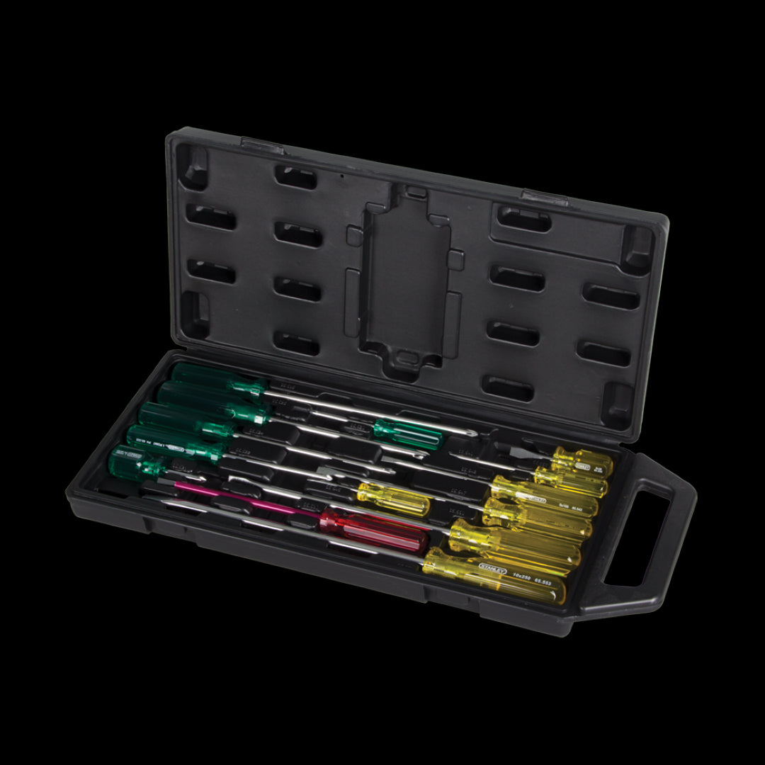 14-piece STANLEY Acetate Screwdriver Set with durable handles, ideal for professionals and DIYers, comes in a convenient toolbox.