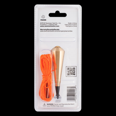 SWANSON 8oz Brass Plumb Bob with durable solid brass construction, a replaceable steel tip, and 20ft fluorescent string for precision leveling.