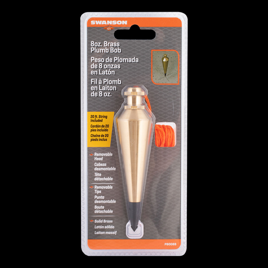 SWANSON 8oz Brass Plumb Bob with 20ft bright orange string for precise vertical measurements in construction and DIY projects.