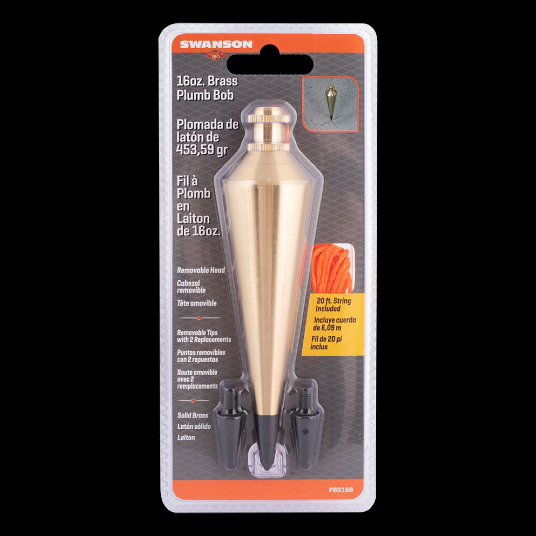 SWANSON 16oz Brass Plumb Bob with fluorescent orange string, designed for precise vertical measurements in construction and DIY projects.