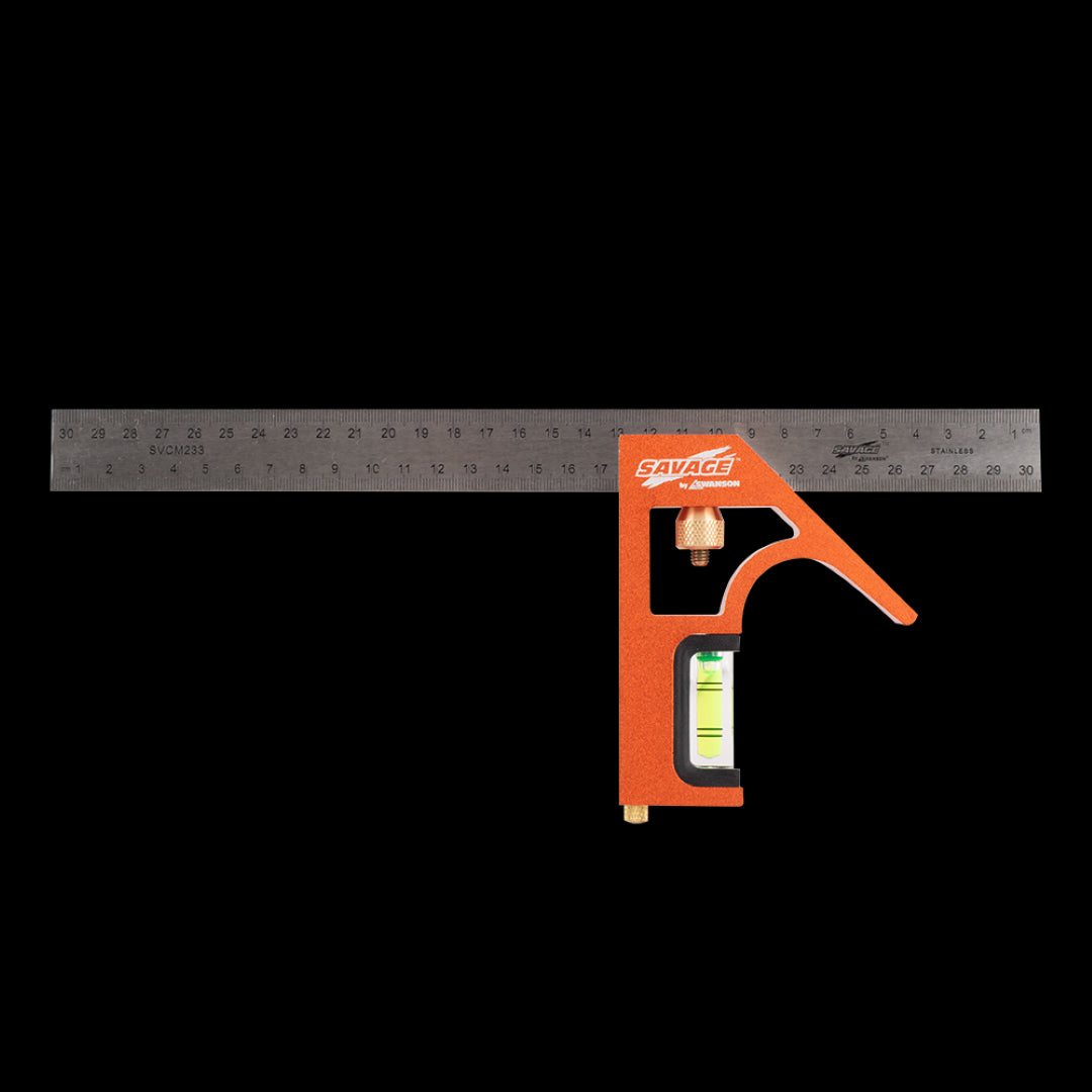 SWANSON 300mm Savage Combination Square, featuring stainless steel blade, 90/45 degree adjustments, and durable aluminum frame.