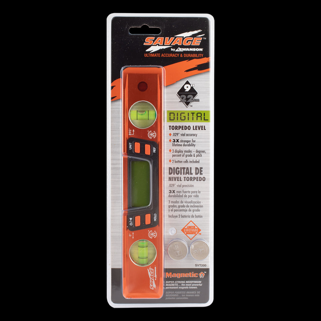 SWANSON 225mm Savage Digital Torpedo Level with green backlit display, 0.029° accuracy, and strong V-Grooved magnets.