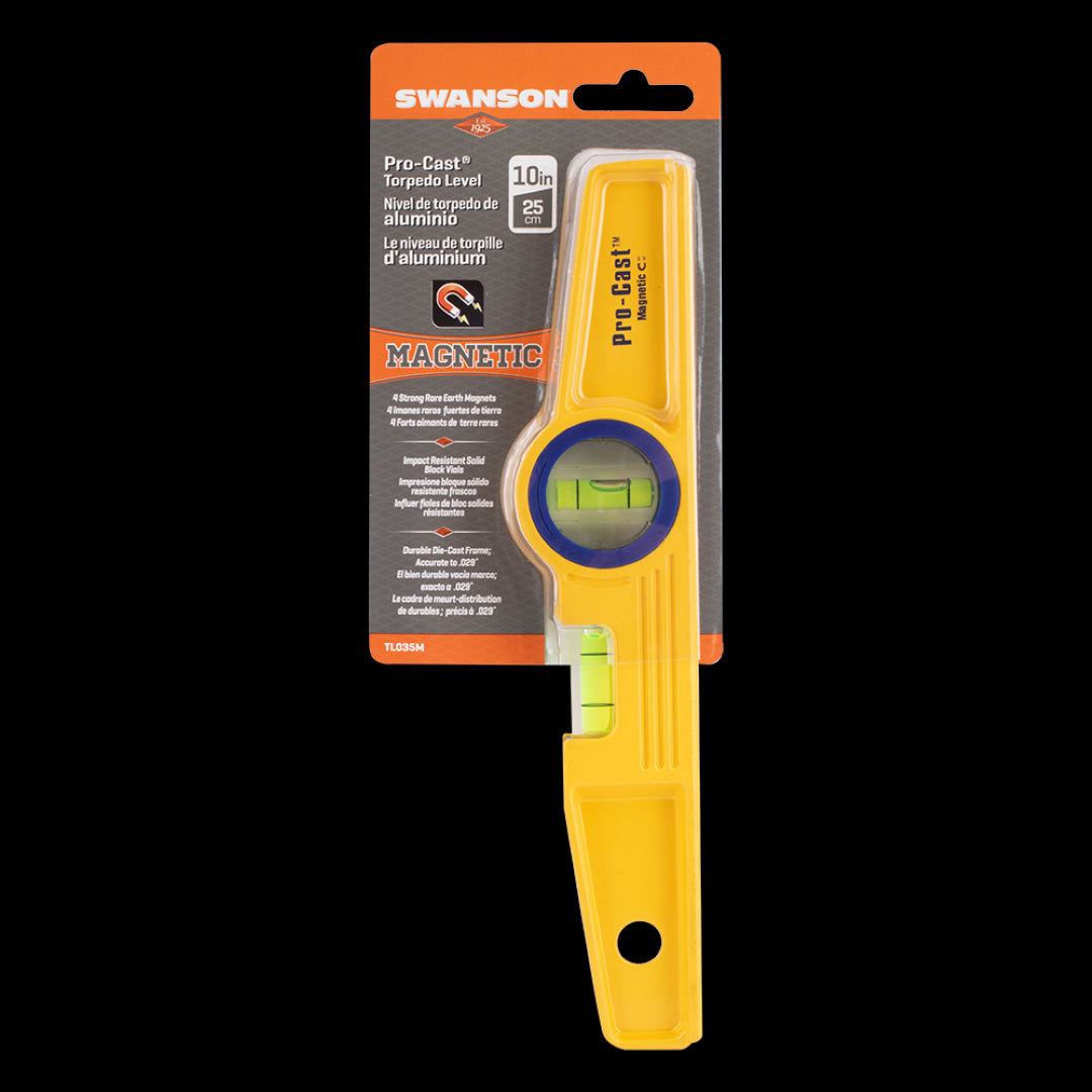 Swanson 250mm Pro-Cast Magnetic Torpedo Level featuring strong magnets, accurate vials, and durable aluminum construction.