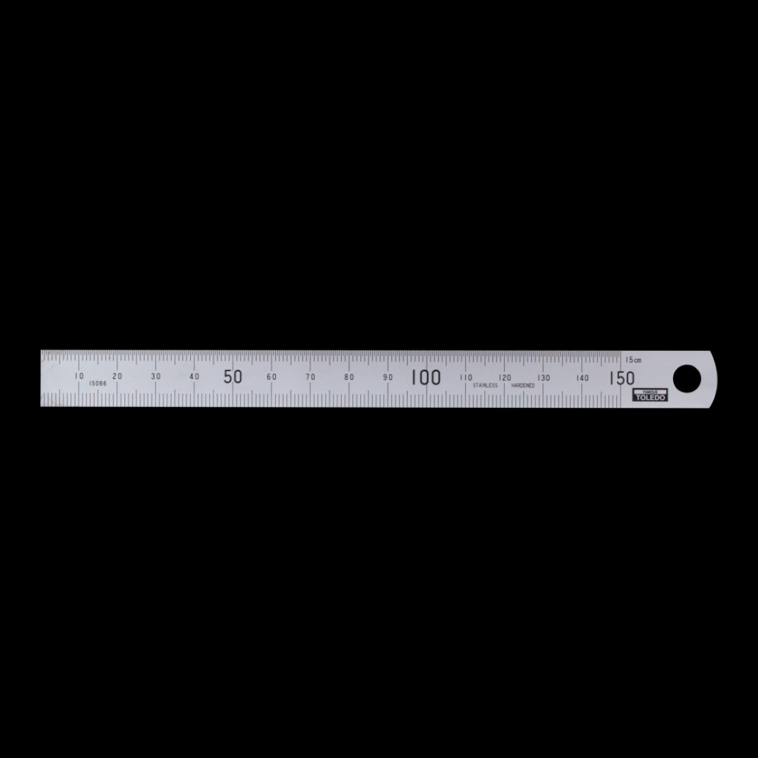 TOLEDO 150mm stainless steel rule featuring double-sided metric and imperial measurements for precision and easy storage.
