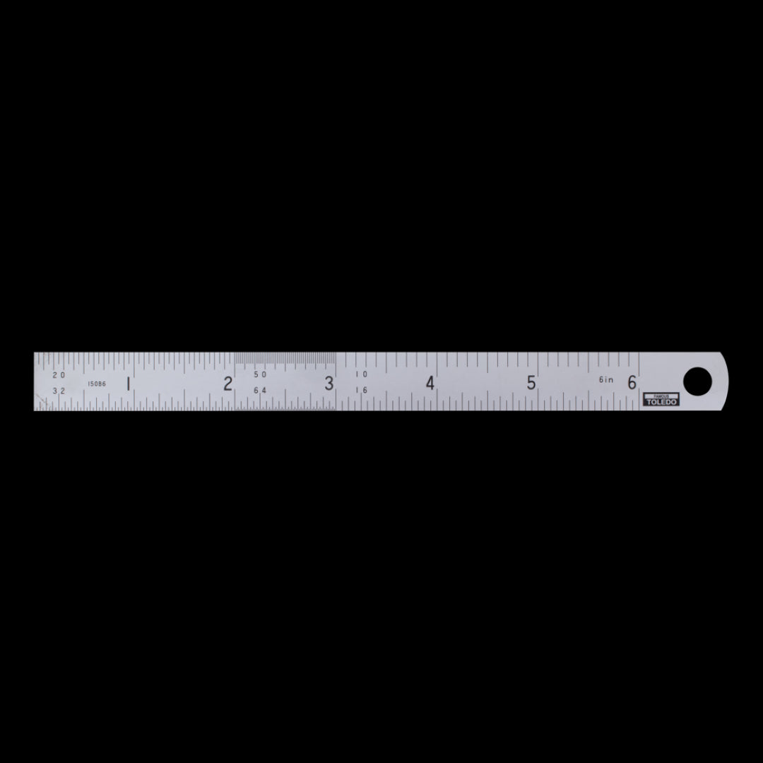 TOLEDO 150mm stainless steel rule with double-sided metric and imperial measurements for precision and durability.