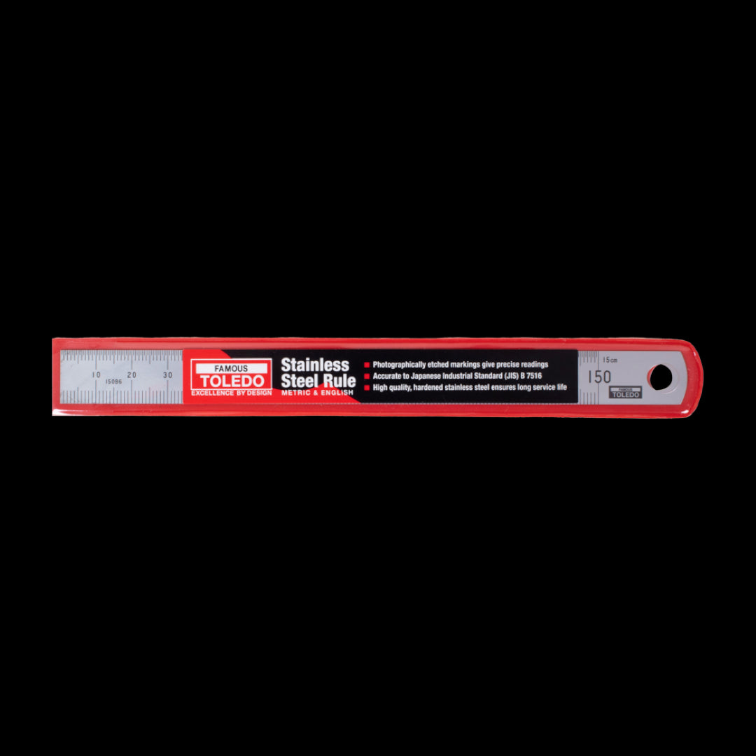 TOLEDO 150mm stainless steel ruler with double-sided metric and imperial measurements for precise and durable measuring.