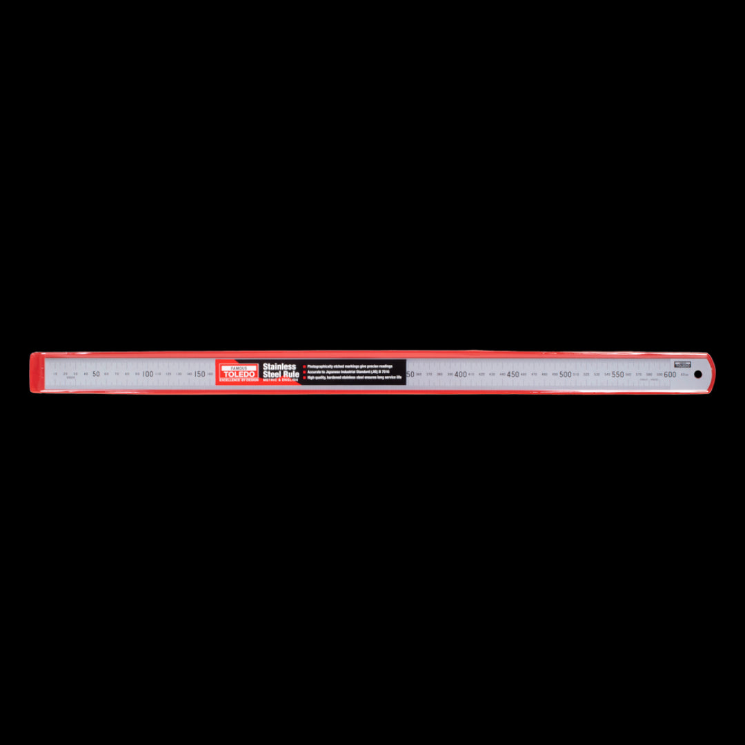 TOLEDO 600mm Stainless Steel Rule with clear metric and imperial markings, durable design for precision measuring tasks.
