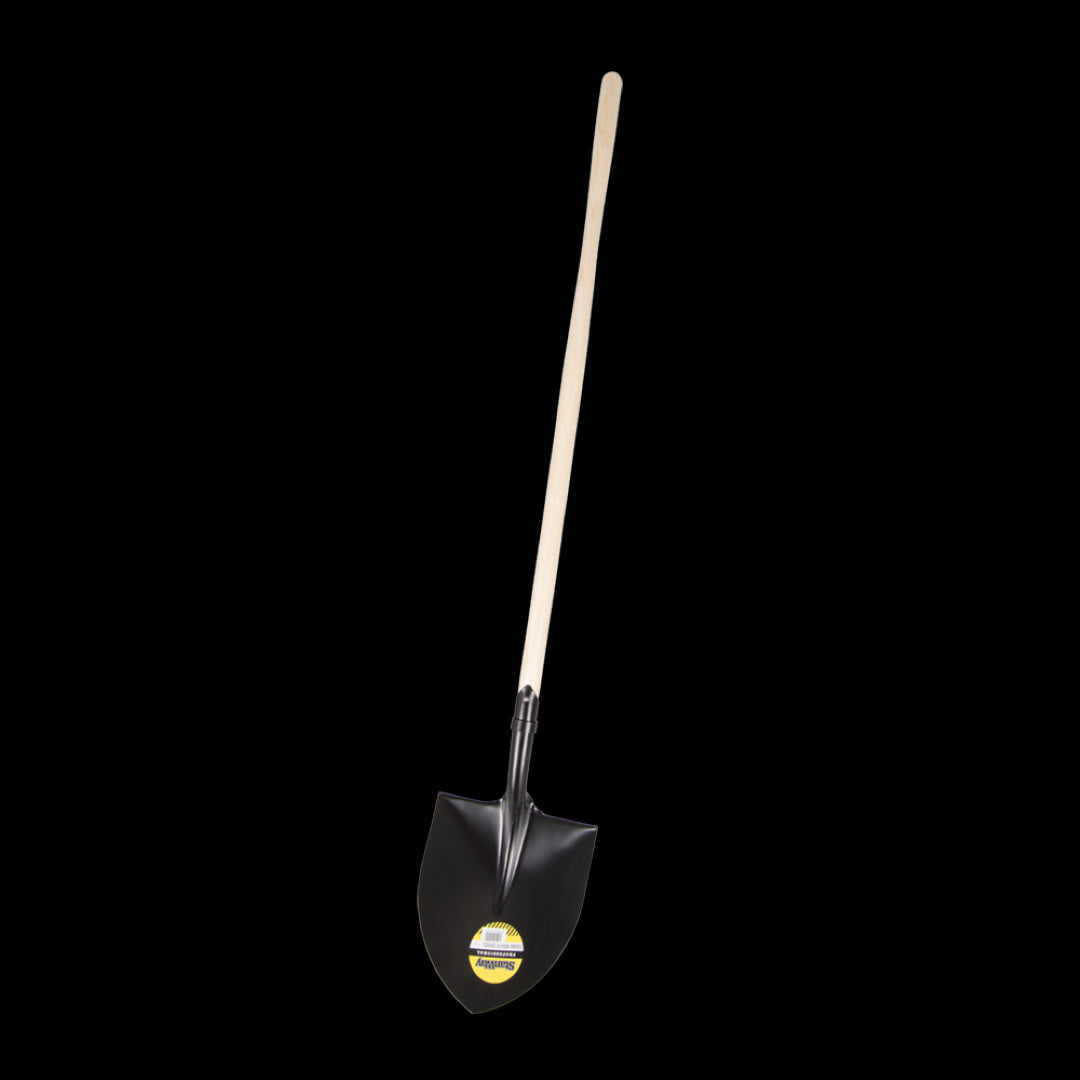 STANWAY round mouth shovel with hickory handle, ideal for digging and landscaping, featuring a durable steel head and foot tread.