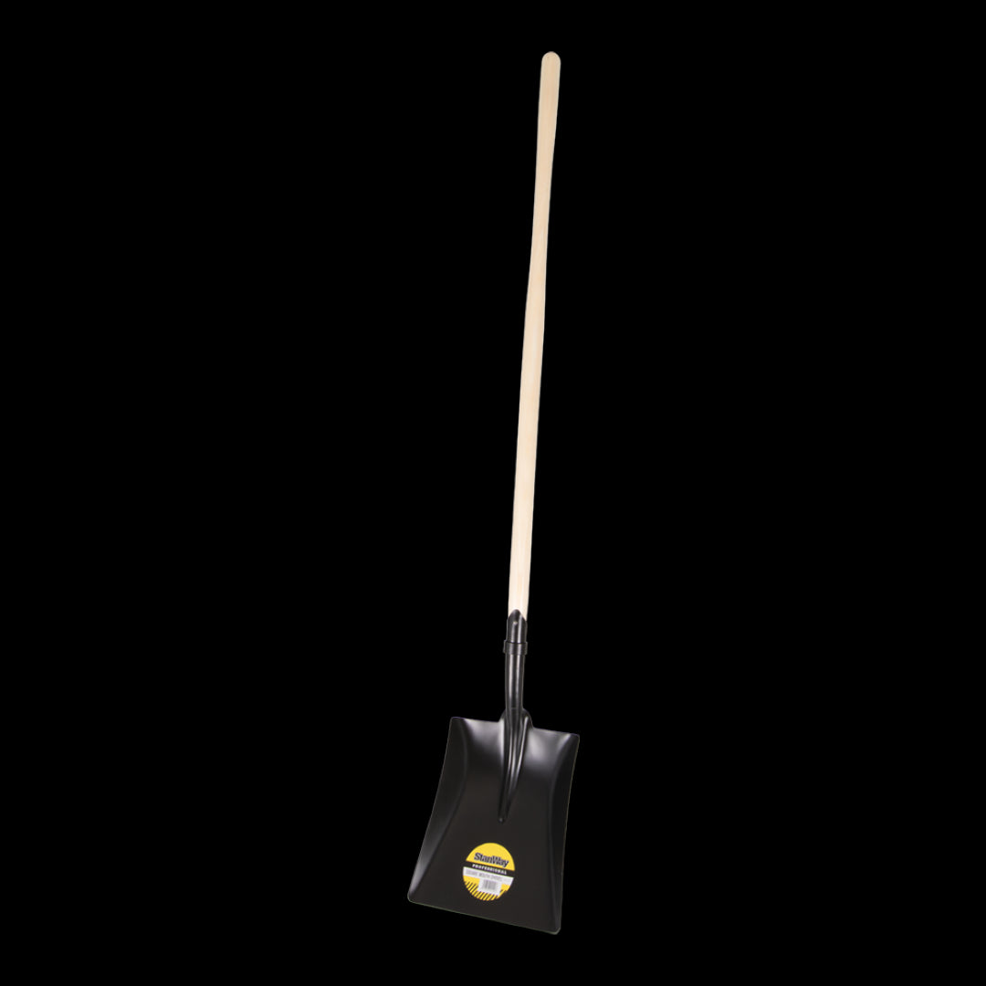 STANWAY Square Mouth Shovel with long hickory handle, designed for heavy-duty tasks like moving soil and mulch.