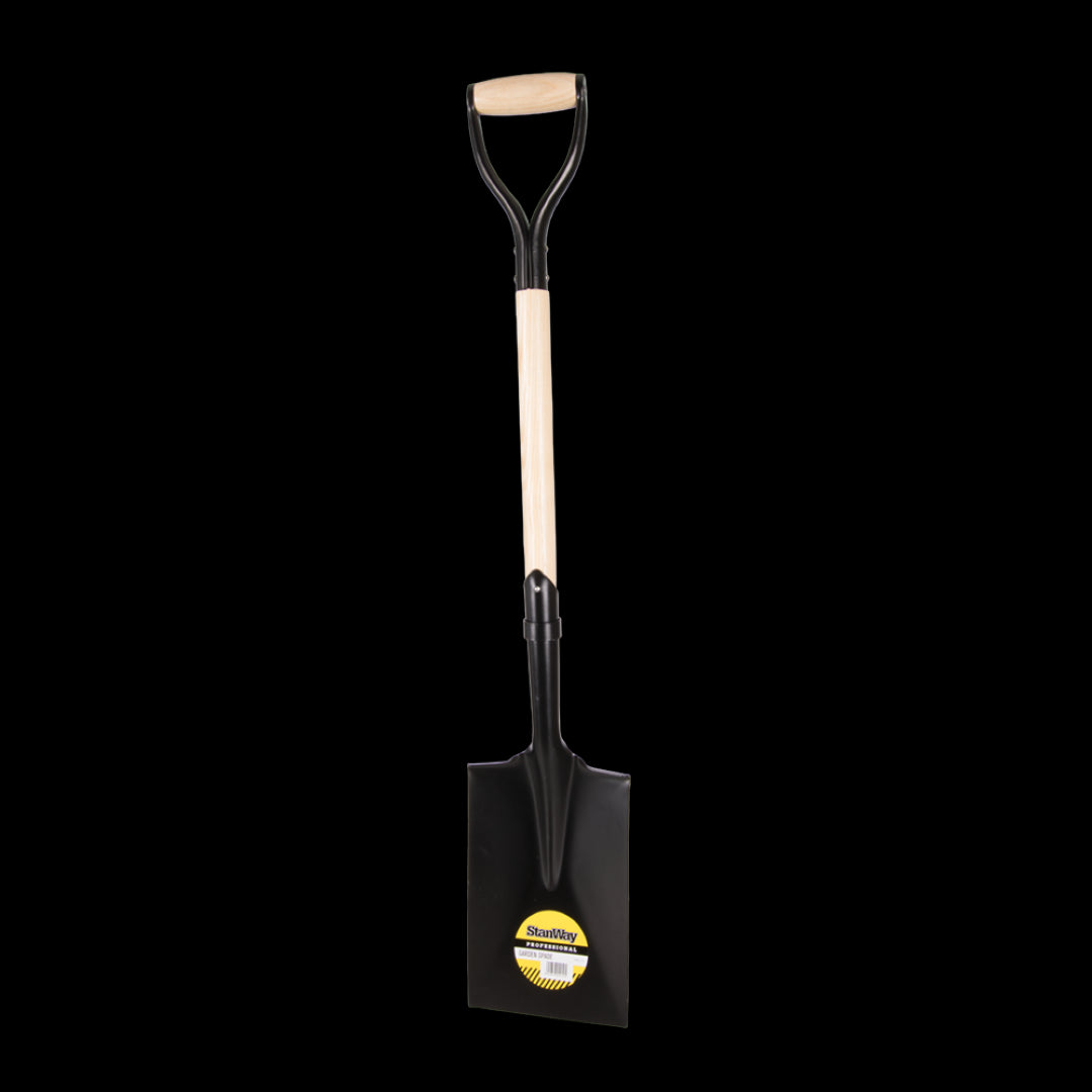 STANWAY Square Mouth Spade featuring a durable hickory D-handle and tempered steel head for efficient gardening and digging.