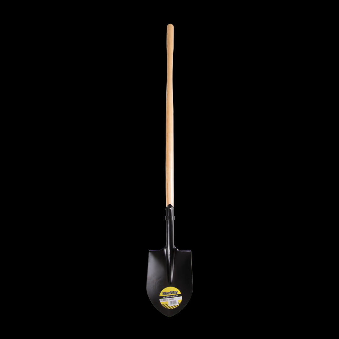 STANWAY plumbers shovel with long hickory handle, designed for efficient digging and drainage tasks.
