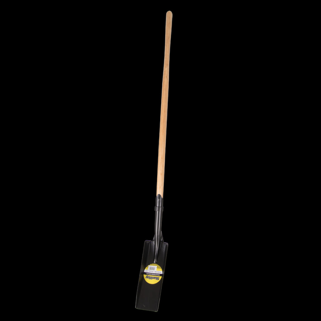 STANWAY trenching shovel with long hickory handle, durable steel head, designed for precise trench digging.