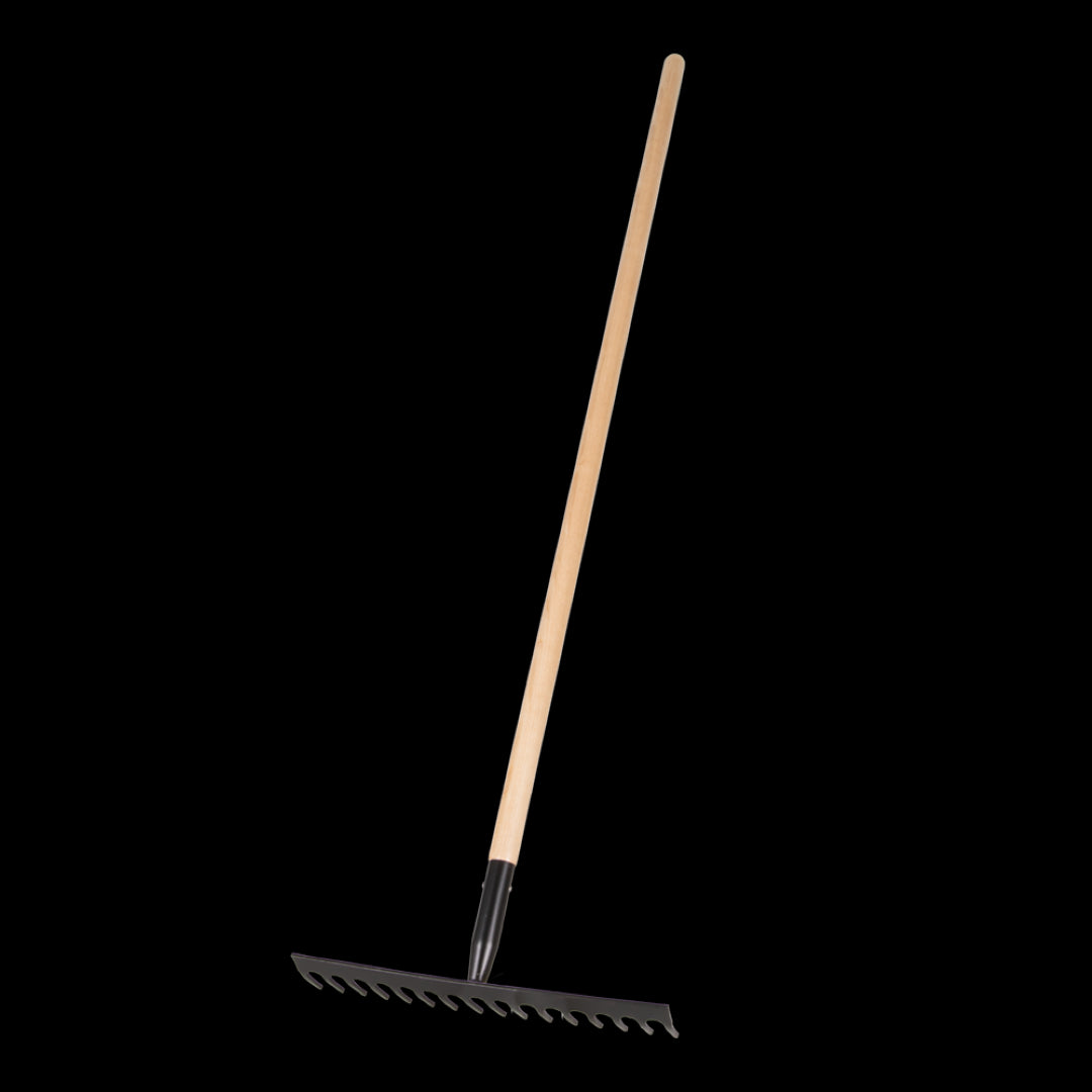 STANWAY Contractors Rake features a long hickory handle and durable steel head for heavy-duty landscaping tasks.