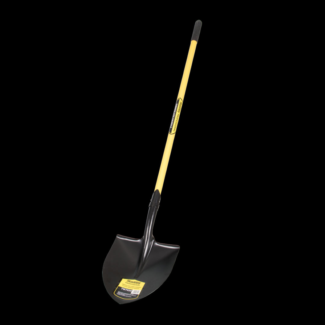 STANWAY Round Mouth Shovel with long fiberglass handle, designed for efficient digging and heavy material transport.