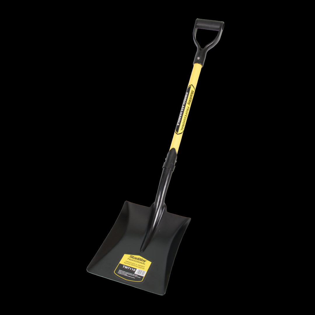 STANWAY Square Mouth Shovel with durable fibreglass D-handle, ideal for moving soil, sand, and mulch efficiently.