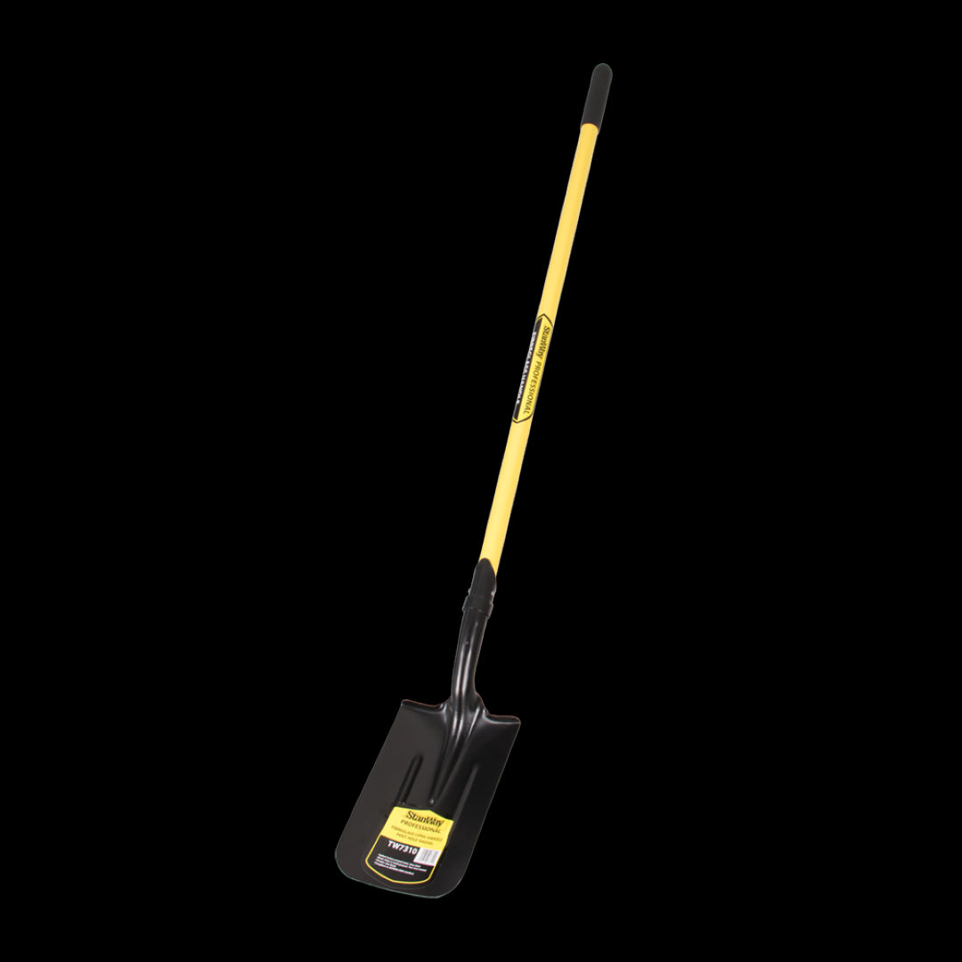 STANWAY Post Hole Shovel with a long fibreglass handle, featuring a tempered steel head for tough digging in various soils.
