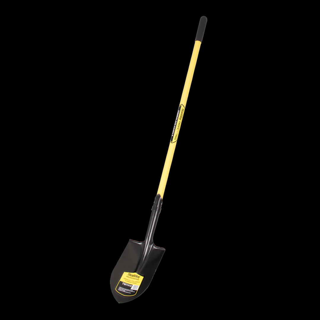 STANWAY Plumbers Shovel with fiberglass handle, designed for efficient digging and plumbing tasks with a durable steel blade.