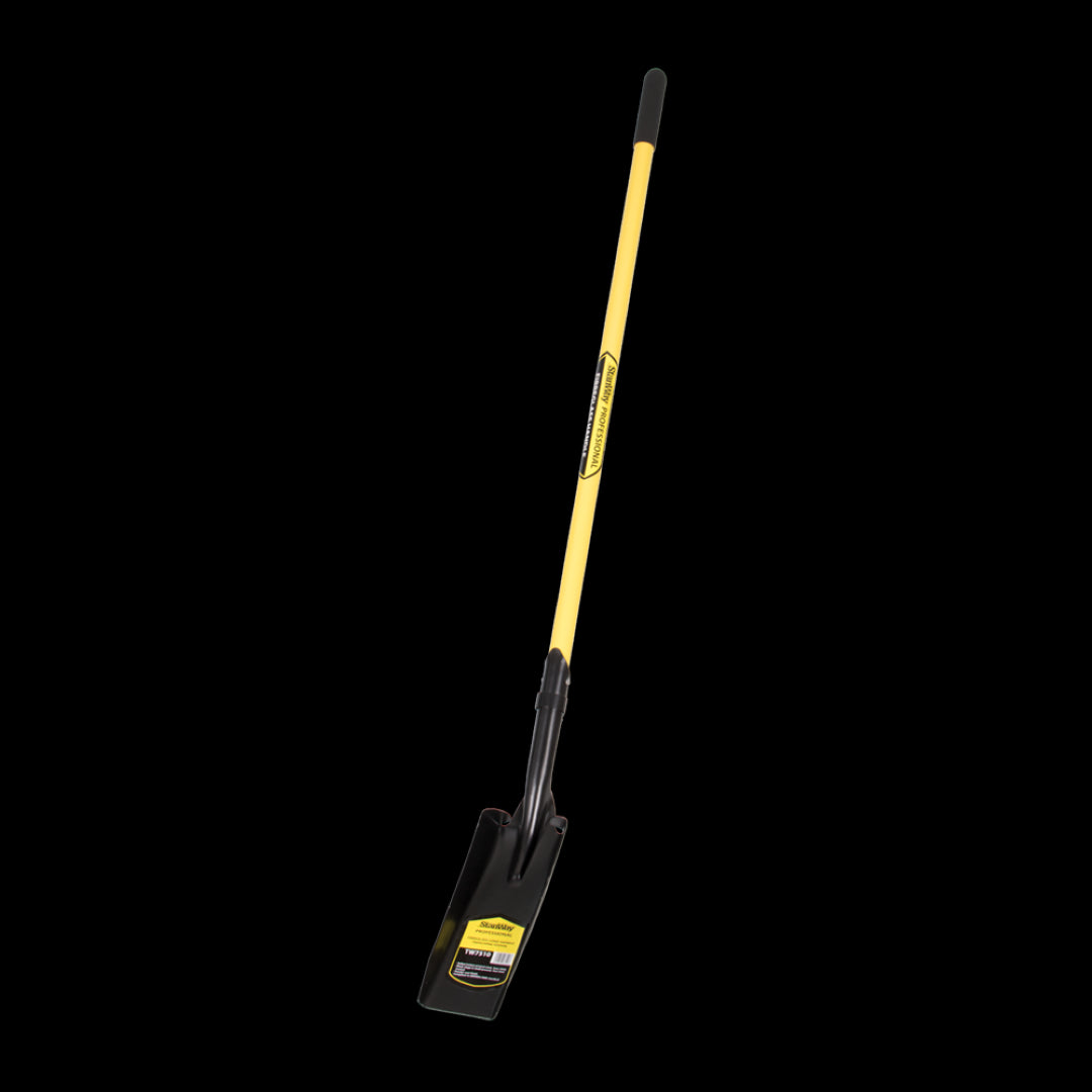 STANWAY Trenching Shovel featuring a long fibreglass handle and narrow steel head for efficient trenching and digging.