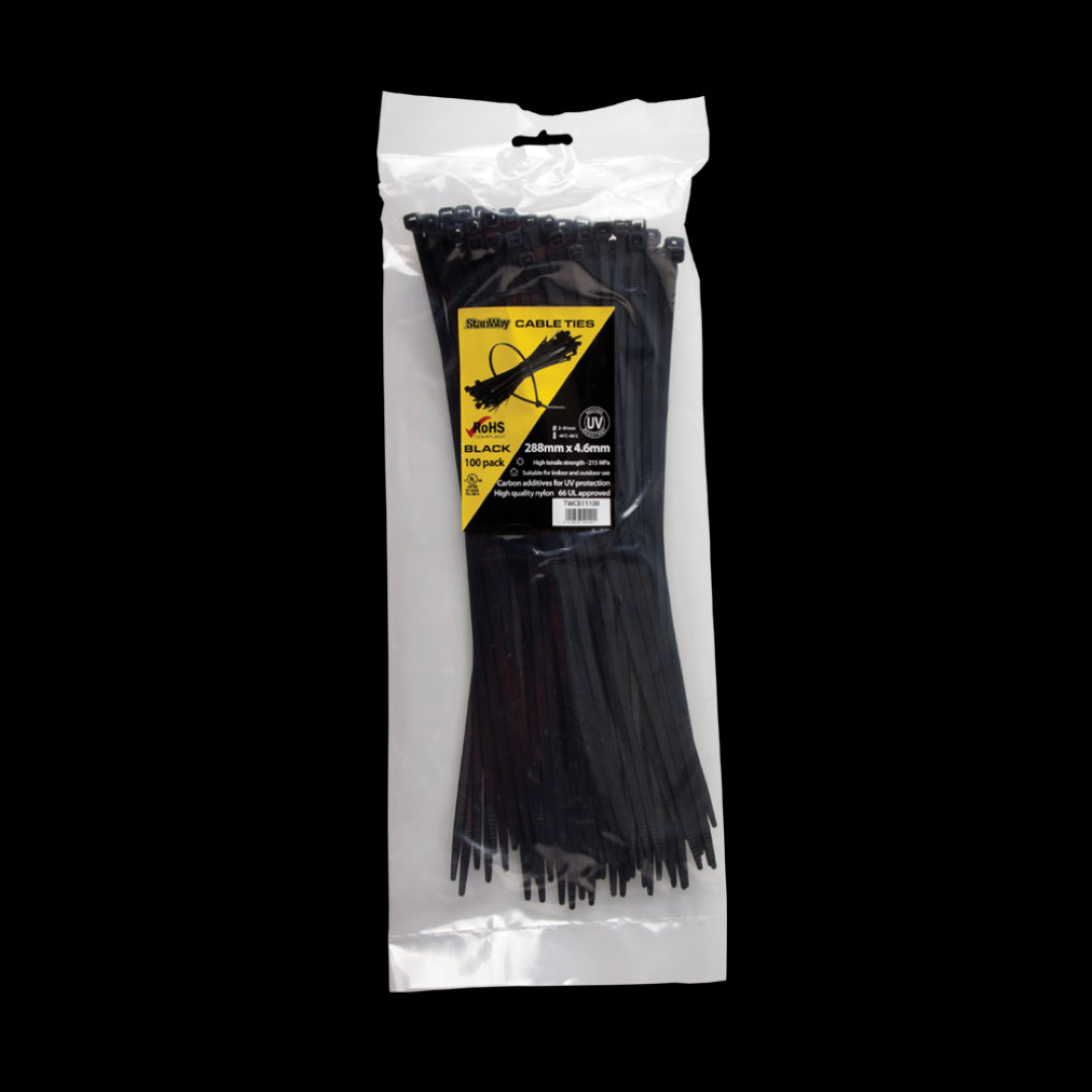 STANWAY UV Black Cable Ties in a 100-pack, 288mm long, UV resistant, ideal for heavy-duty cable management.