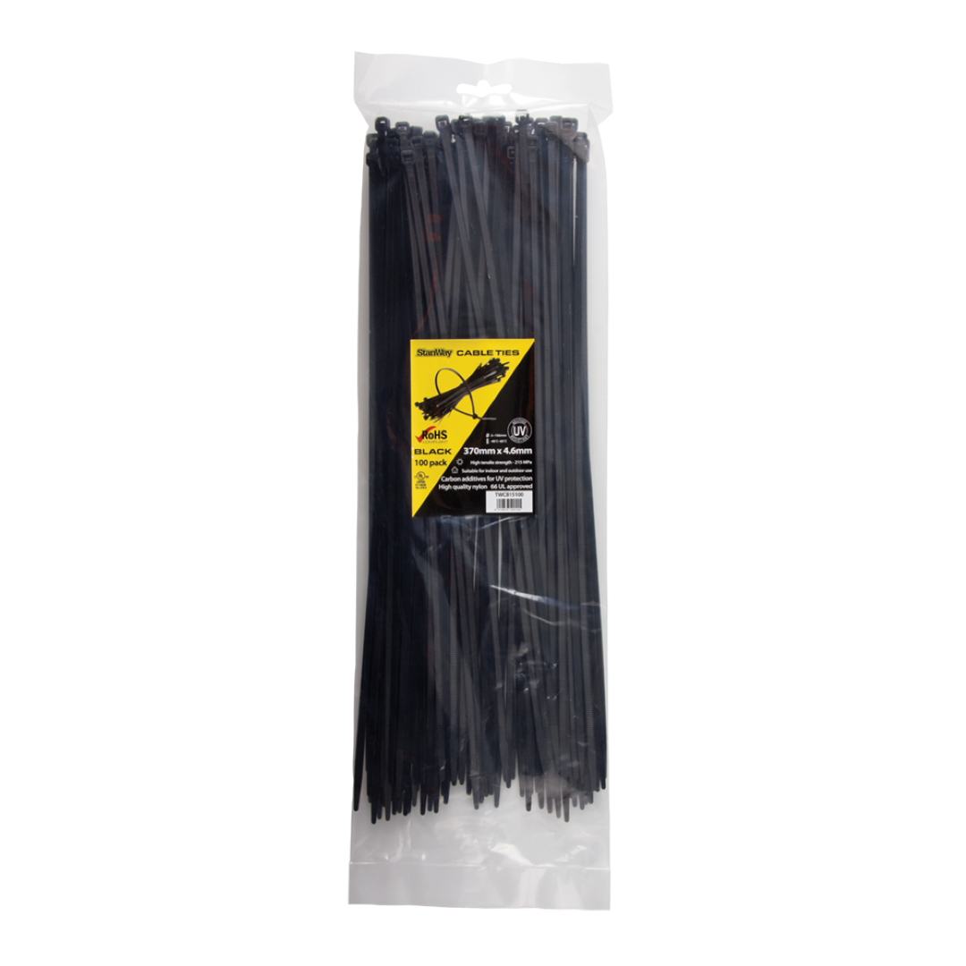 STANWAY UV Black Cable Tie (370mm x 4.6mm) - 100 Pack