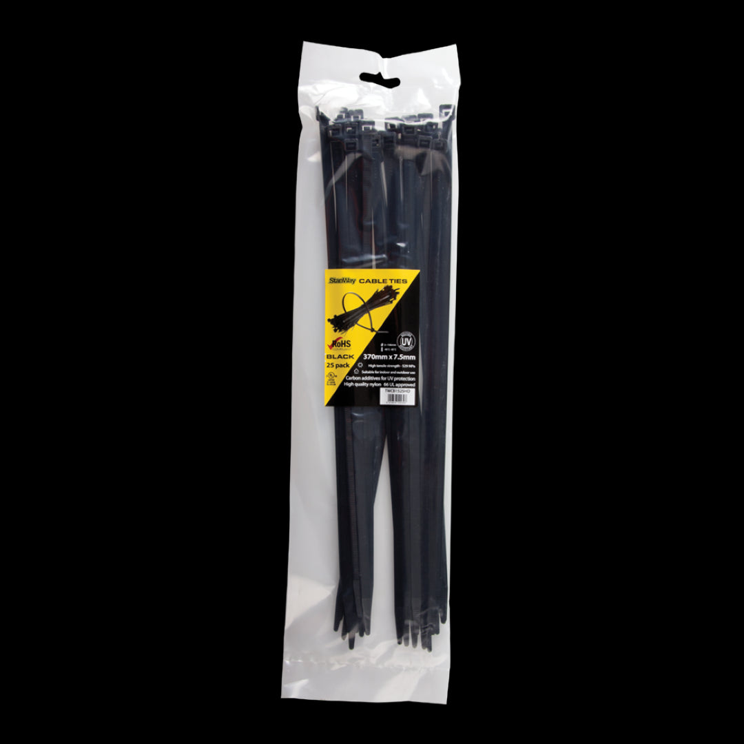 Durable STANWAY UV black cable ties, 370mm x 7.5mm, 25 pack, ideal for versatile bundling and cable management.