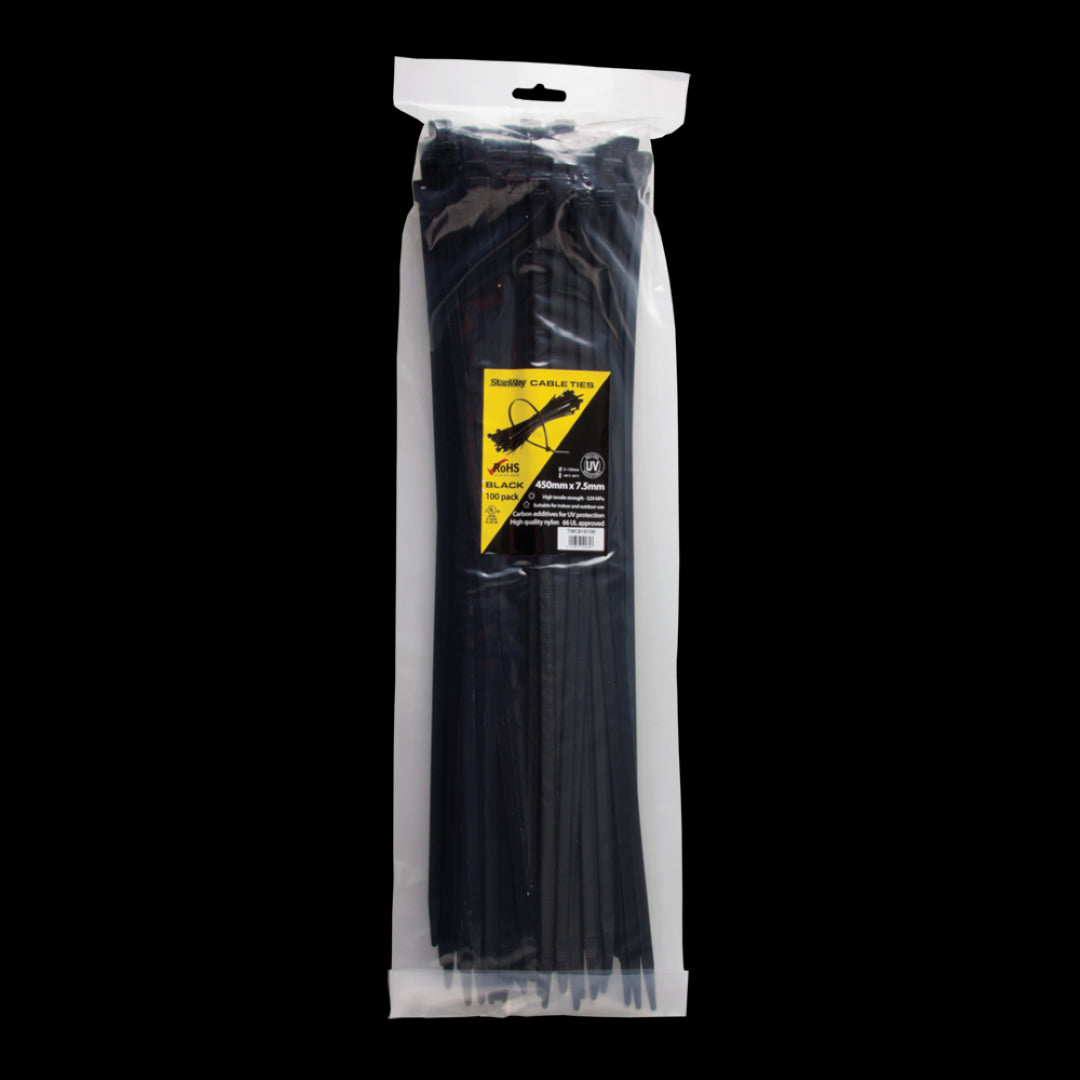 STANWAY heavy-duty UV black cable ties, 450mm x 7.5mm, perfect for outdoor and indoor bundling, 100 pack.