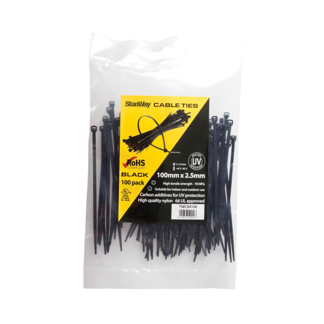 STANWAY UV Black Cable Tie 100mm x 2.5mm in a 100-pack, ideal for securing cables and organizing items indoors and outdoors.