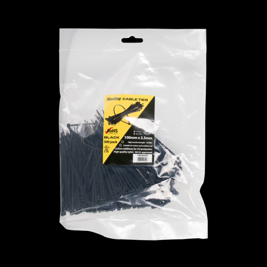 500-pack of STANWAY UV Black Cable Ties, 100mm x 2.5mm, durable and weather-resistant for all bundling needs.
