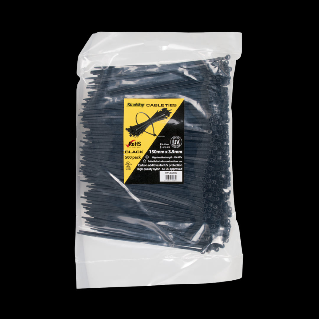 STANWAY UV Black Cable Ties - 150mm, pack of 500, durable nylon, UV-resistant, ideal for bundling and organization.