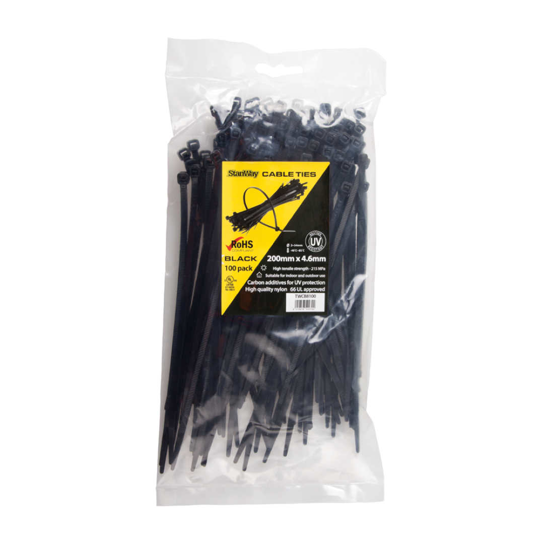 Durable STANWAY UV Black Cable Ties, 200mm x 4.6mm, 100 pack for strong, outdoor cable management and organization.