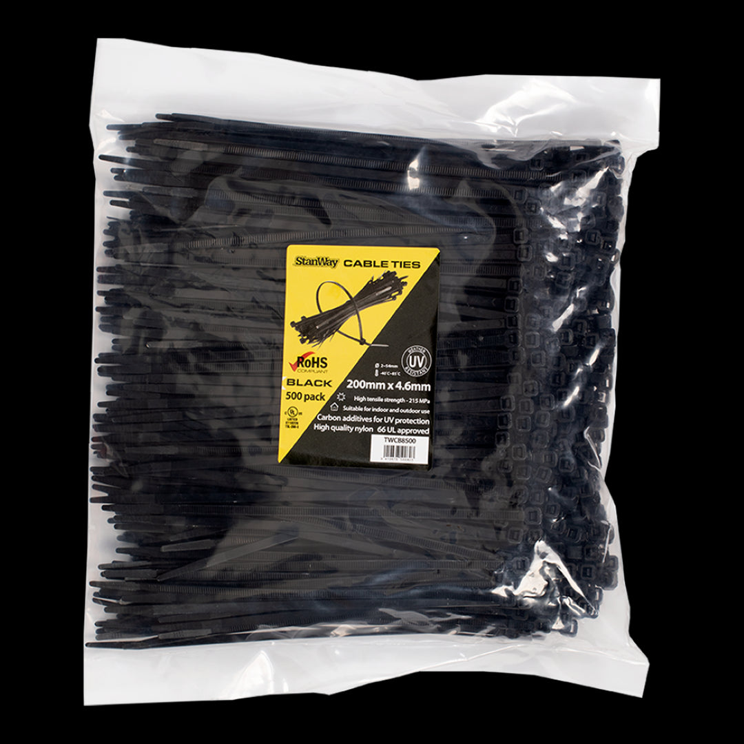 STANWAY UV Black Cable Ties - 200mm, 500 pack, ideal for durable cable management indoors and outdoors.