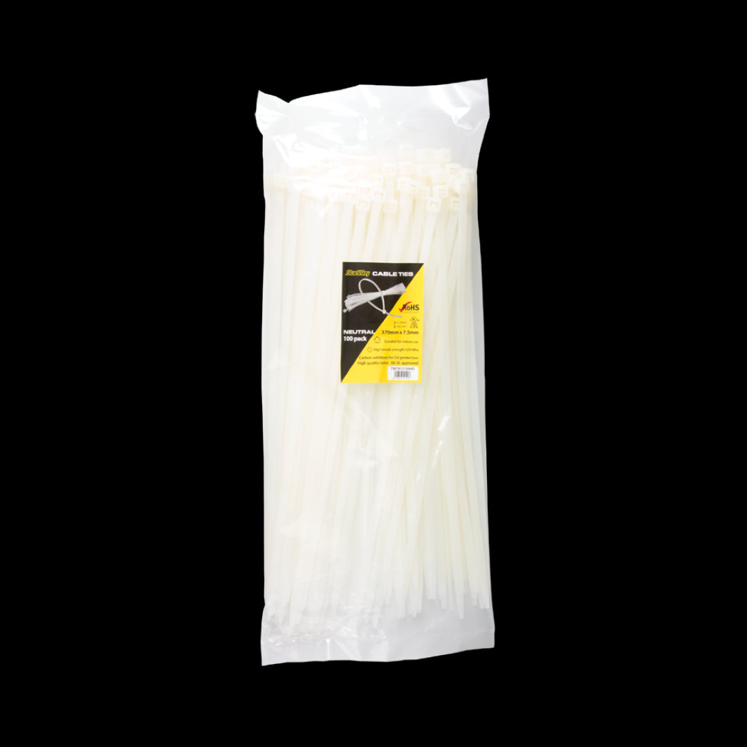 STANWAY Light Heavy Duty Natural Non UV Cable Ties, 370mm, 100 pack, strong and flexible for organizing cables and bundles.