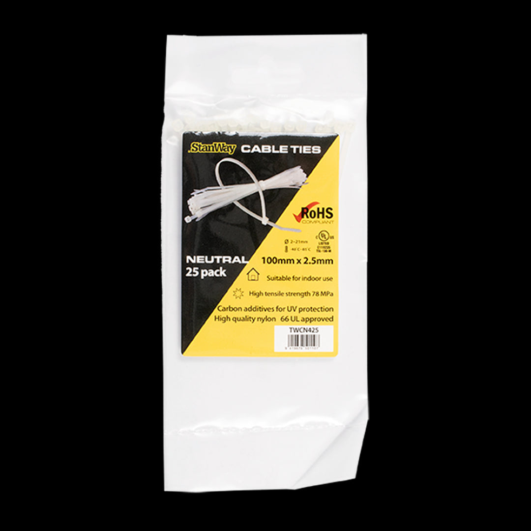 STANWAY Natural Non UV Cable Ties in a 25-pack, 100mm long, durable nylon for indoor bundling and organization.