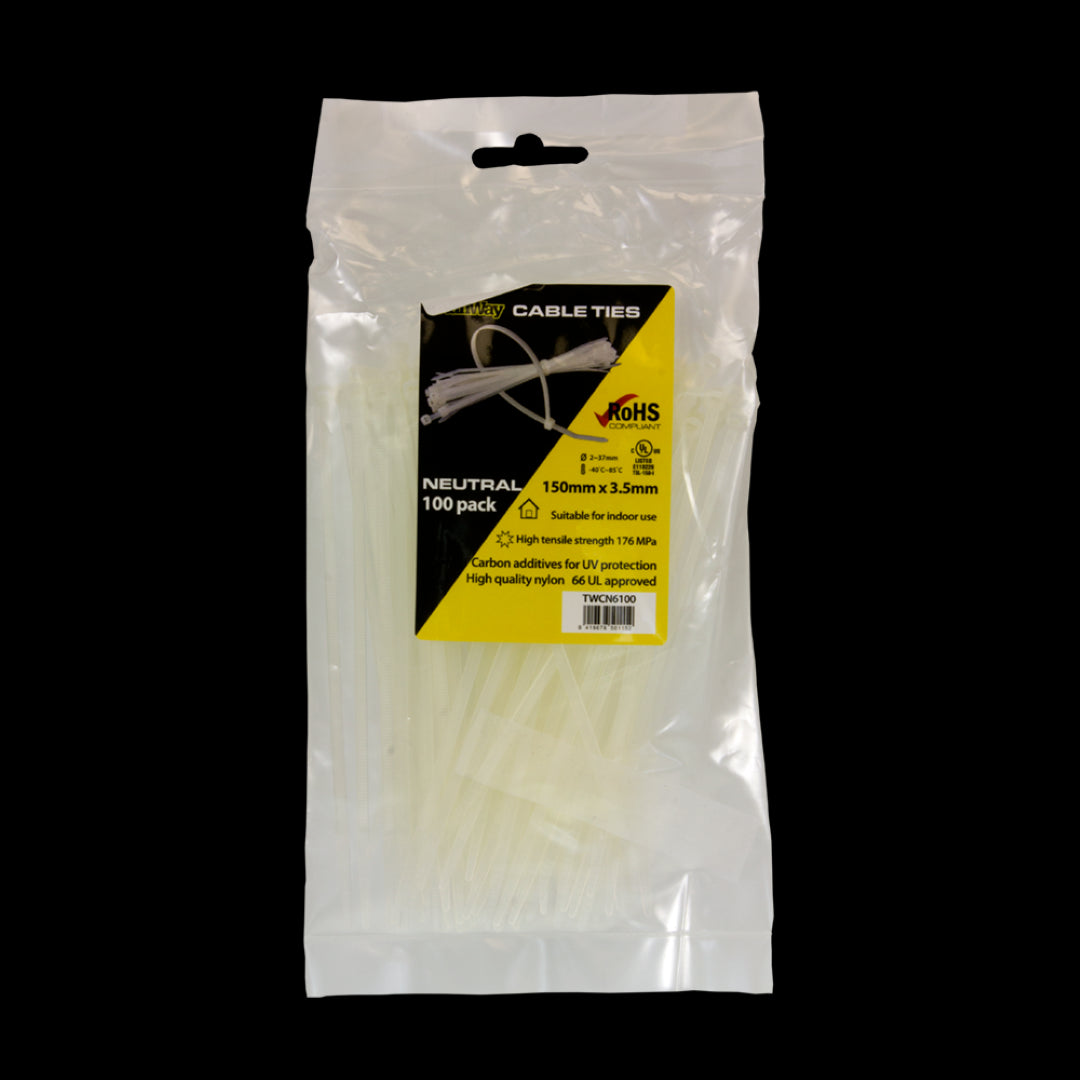 STANWAY Natural Non UV Cable Tie pack of 100, 150mm x 3.5mm, ideal for bundling cables and organizing tools indoors.