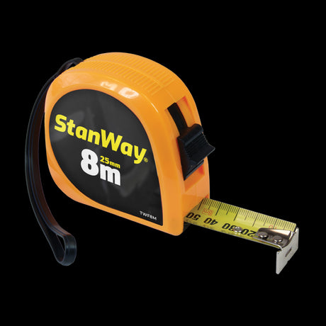 STANWAY 8M fluorescent orange builders tape, ideal for precise measurements, durable ABS casing, with wrist strap and belt clip.