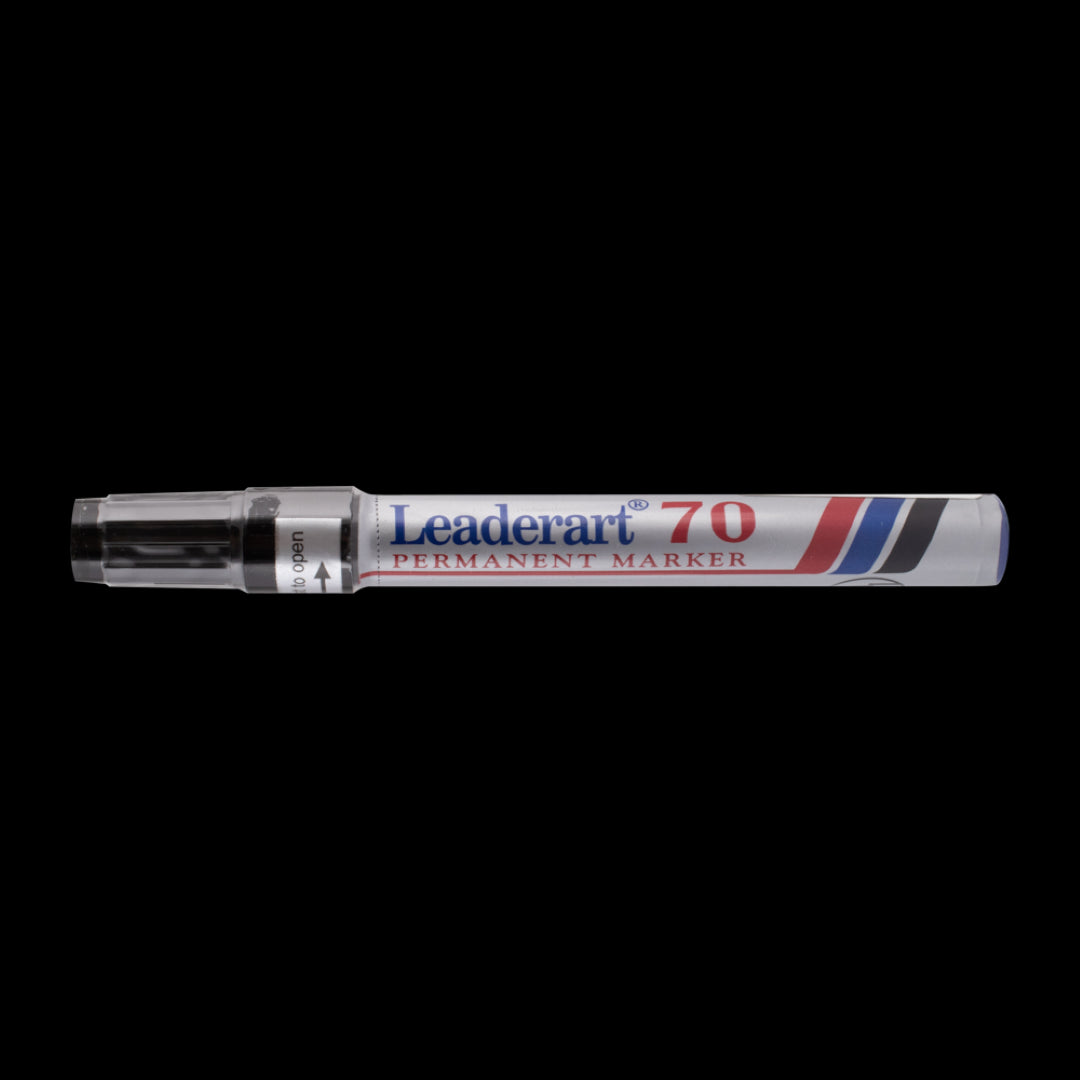 LEADERART Black Permanent Marker with Fiber Bullet tip for precise lines, ideal for art and labeling on various surfaces.