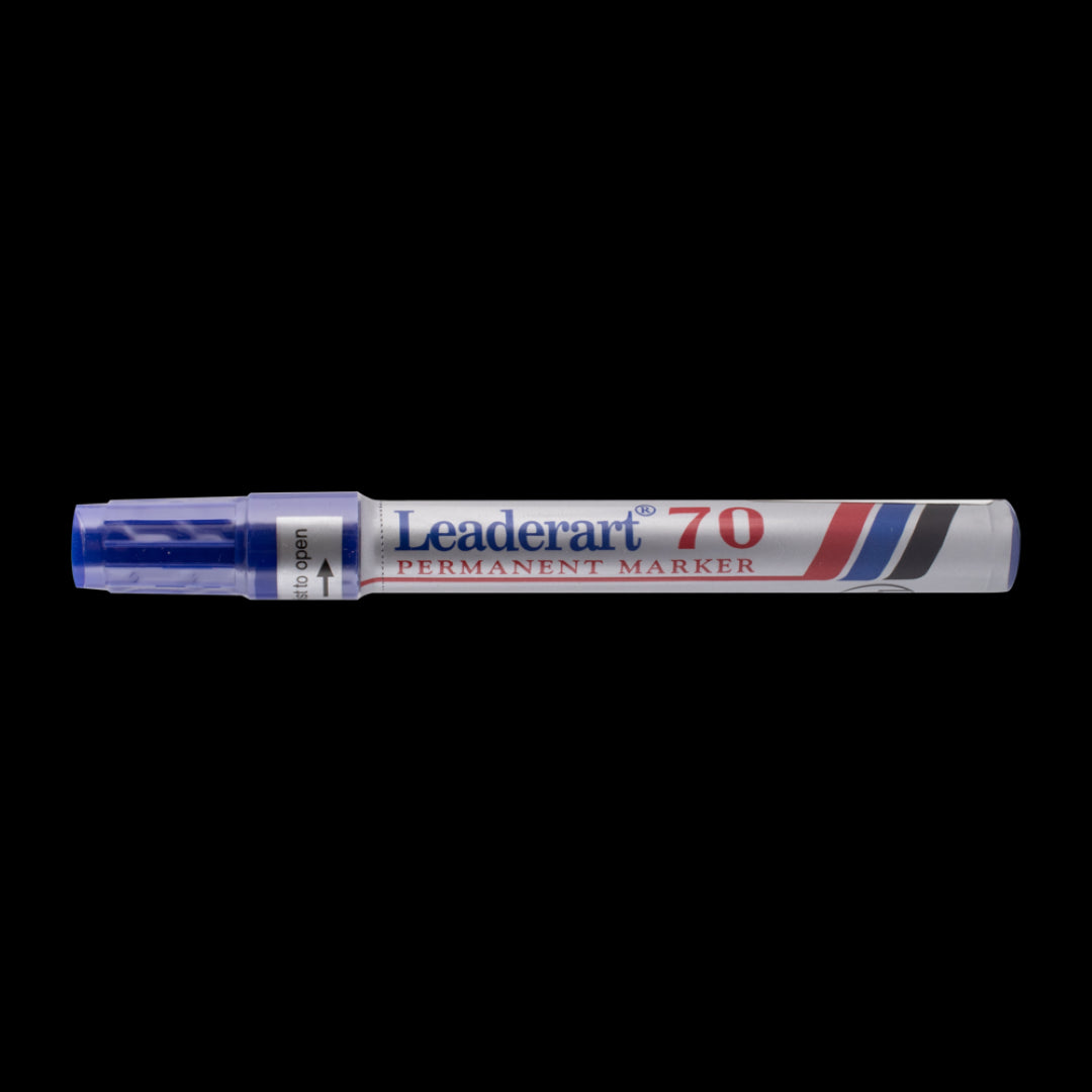 LEADERART Blue Permanent Marker with precision tip for vibrant, waterproof lines on various surfaces including plastic and metal.