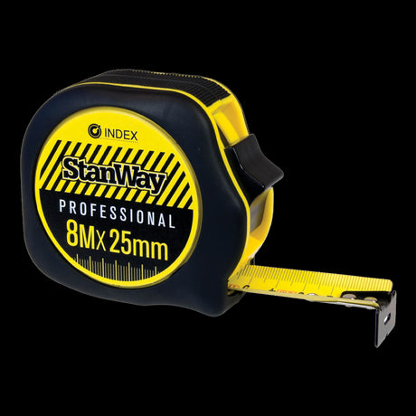 STANWAY Grip Gear Builders Tape, 8m length, 25mm width, with push-down lock and durable rubberized case.
