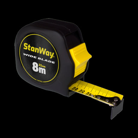 STANWAY Wide Blade Builders Tape (8m x 32mm) with a bright yellow nylon-coated blade and rubberized grip for accurate measurements.