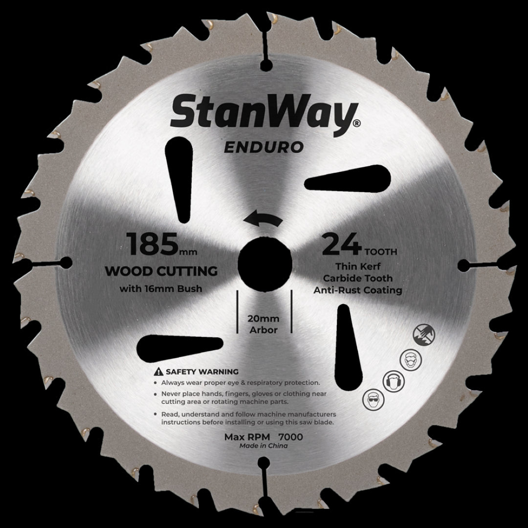 STANWAY 185mm Enduro Circular Saw Blade with tungsten carbide teeth for precise cuts in various materials, ideal for pros and DIY.