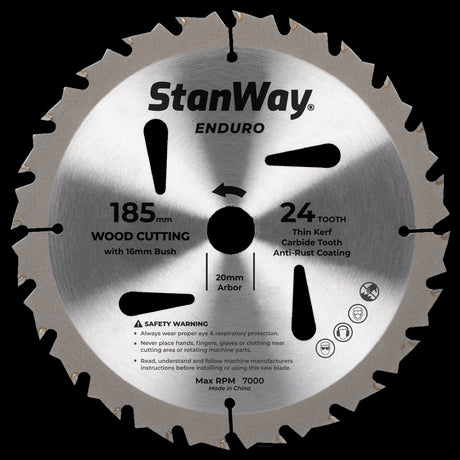 STANWAY 185mm Enduro Circular Saw Blade with tungsten carbide teeth for precise cuts in various materials, ideal for pros and DIY.