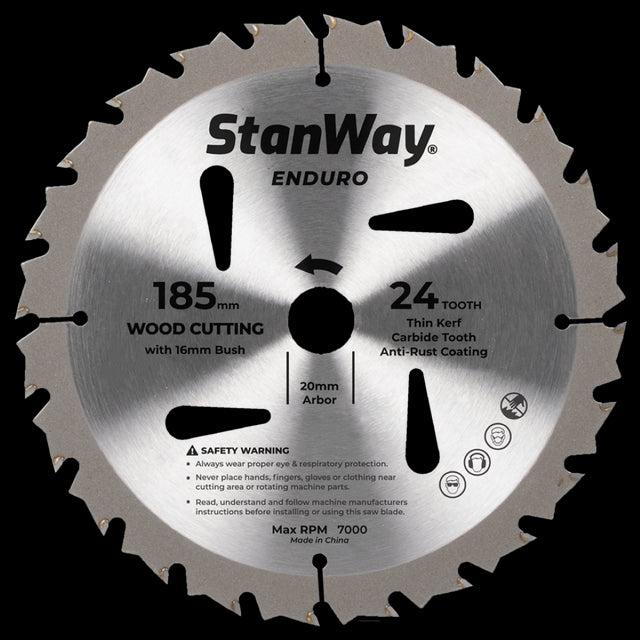 STANWAY 185mm Enduro Circular Saw Blade with tungsten carbide teeth for precise cuts in various materials, ideal for pros and DIY.