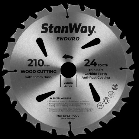 STANWAY 210mm Enduro Circular Saw Blade with tungsten carbide tips, ideal for precise cuts in hardwoods and softwoods.