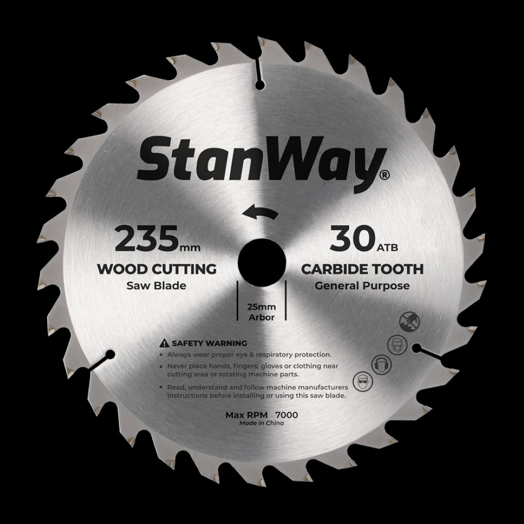 STANWAY 235mm Circular Saw Blade with tungsten carbide-tipped teeth for precise and durable wood cutting.